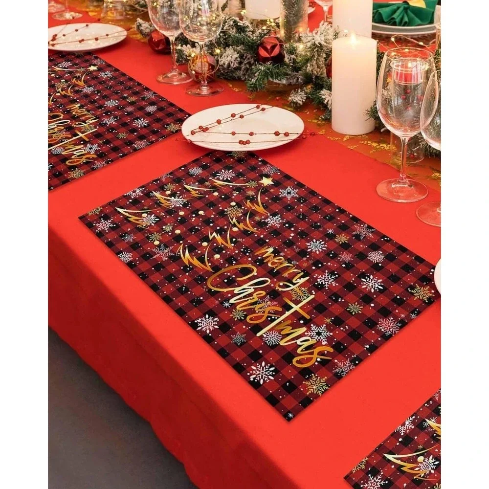6PCS Merry Xmas‎ Placemats Christmas Table Placement Winter Placemats Red Gold